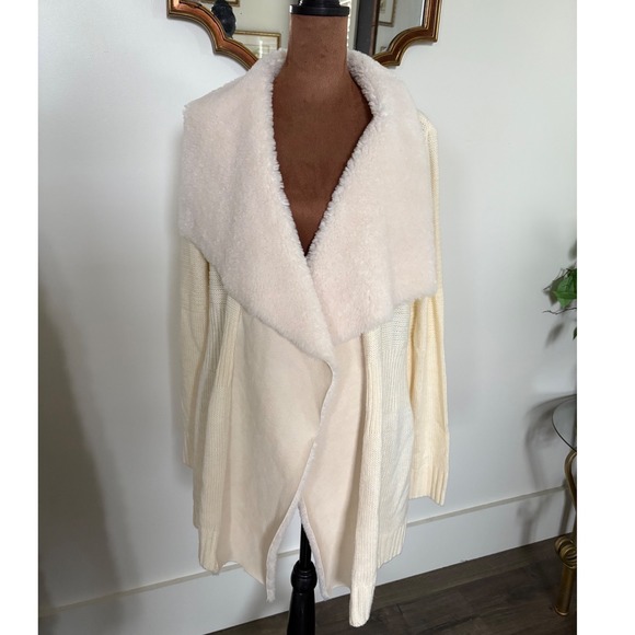 New Directions Womens Large Ivory Faux Fur Trim Open Front Cardigan wrap coat - Picture 1 of 4